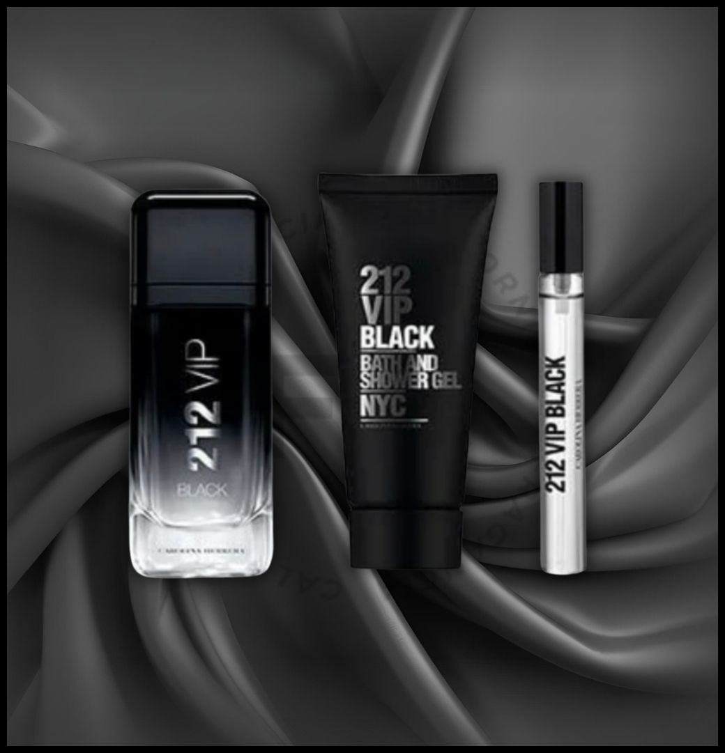 CAROLINA HERRERA 212 VIP BLACK 3 PCS SET FOR MEN: 3.4 EAU DE PARFUM SPRAY + 0.33 OZ EAU DE PARFUM SPRAY + 3.4 SHOWER GEL