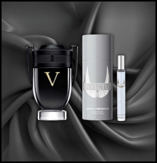 KIT PACO RABANNE INVICTUS VICTORY 3 PCS SET FOR MEN: 3.4 EAU DE PARFUM + 5 OZ DEODORANT SPRAY + 0.34 EAU DE PARFUM