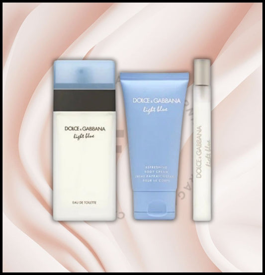 KIT DOLCE & GABBANA LIGHT BLUE 3 PCS SET FOR WOMEN: 3.3 EAU DE TOILETTE SPRAY + 1.7 BODY CREAM + .33 EAU DE TOILETTE