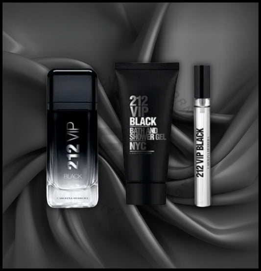 CAROLINA HERRERA 212 VIP BLACK 3 PCS SET FOR MEN: 3.4 EAU DE PARFUM SPRAY + 0.33 OZ EAU DE PARFUM SPRAY + 3.4 SHOWER GEL